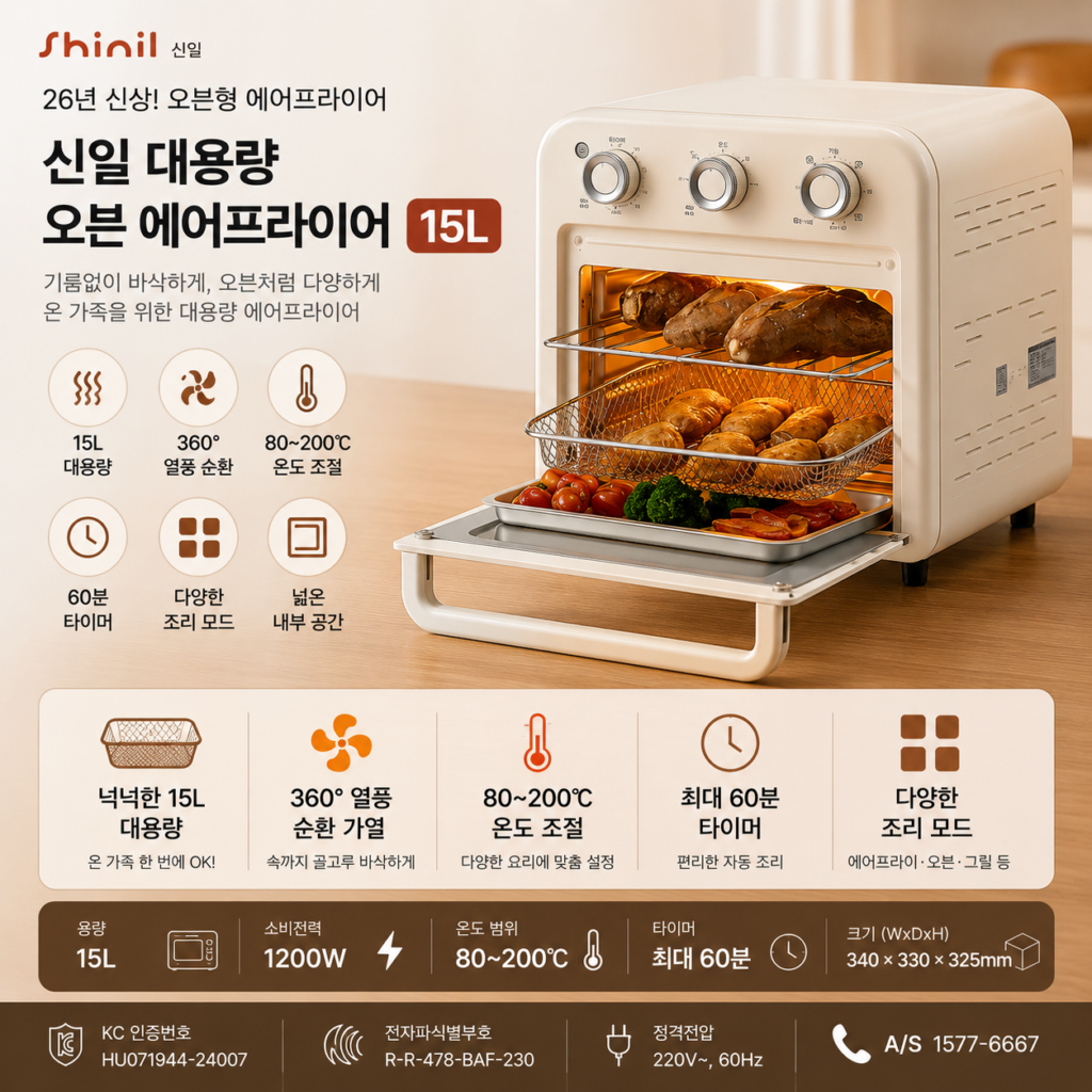 신일 듀얼히팅 오븐형 에어프라이어 15L 제품 이미지